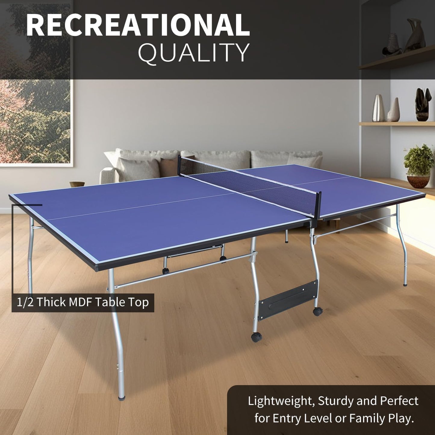 8FT Foldable Ping Pong Table Set, Midsize Portable Table Tennis for Indoor, Outdoor, Includes Net, 2 Paddles, 3 Balls, Weatherproof Design, Single Player Mode, Easy Storage