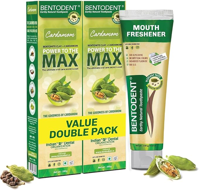 Bentodent Natural Toothpaste for Entire Family Incl Kids - SLS Free, Fluoride Free - Freshens Breath, Helps Reduce Plaque by Brushing (Cardamom Pack of 2)…