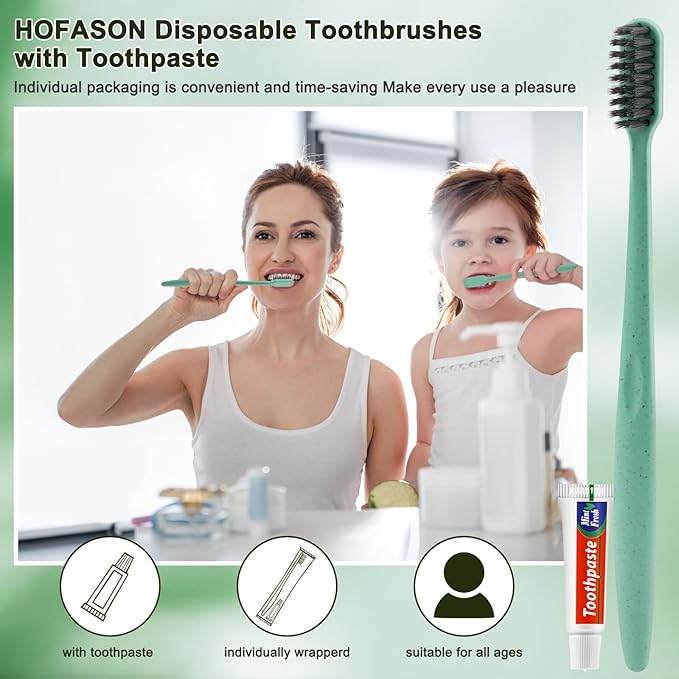 HOFASON Disposable Toothbrushes with Toothpaste 10 Pack, Bulk Travel Toothpaste and Toothbrush Set, Travel Size Tooth Brush Paste Kit, Individually Wrapped Toiletries for Homeless, Hotel, Shelter