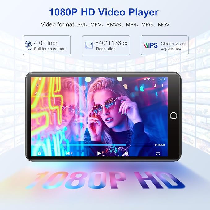 96GB MP3 Player with Bluetooth and WiFi, 4.02" Touchscreen Android Mp4 Mp3 Player with Spotify, Audible, Amazon Music, Deezer, Portable Music Player with Built-in Speaker, FM Radio, E-Book