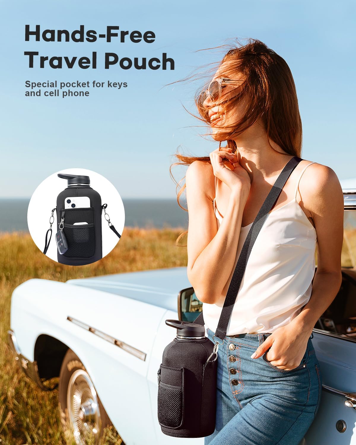 64oz Water Bottle Insulated with Handle,Double-Wall Vacuum Stainless Steel (Cold for 48 Hrs), Half Gallon Water Jugs,Reusable Metal Water Flask with Carry Pouch,Straw & Spout Lid,Indigo Black