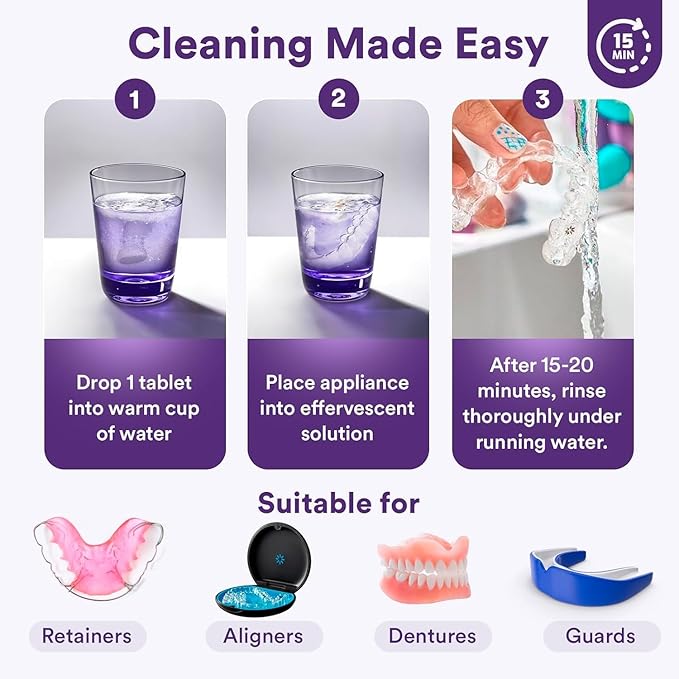 Weiss Naturals Retainer Cleaner Tablets, Invisalign Cleaner, Remove Stains, Odors & Plaque, PERSULFATE FREE Night Guard & Denture Cleaner 4-Month Supply, 120 Grape Scented Tablets