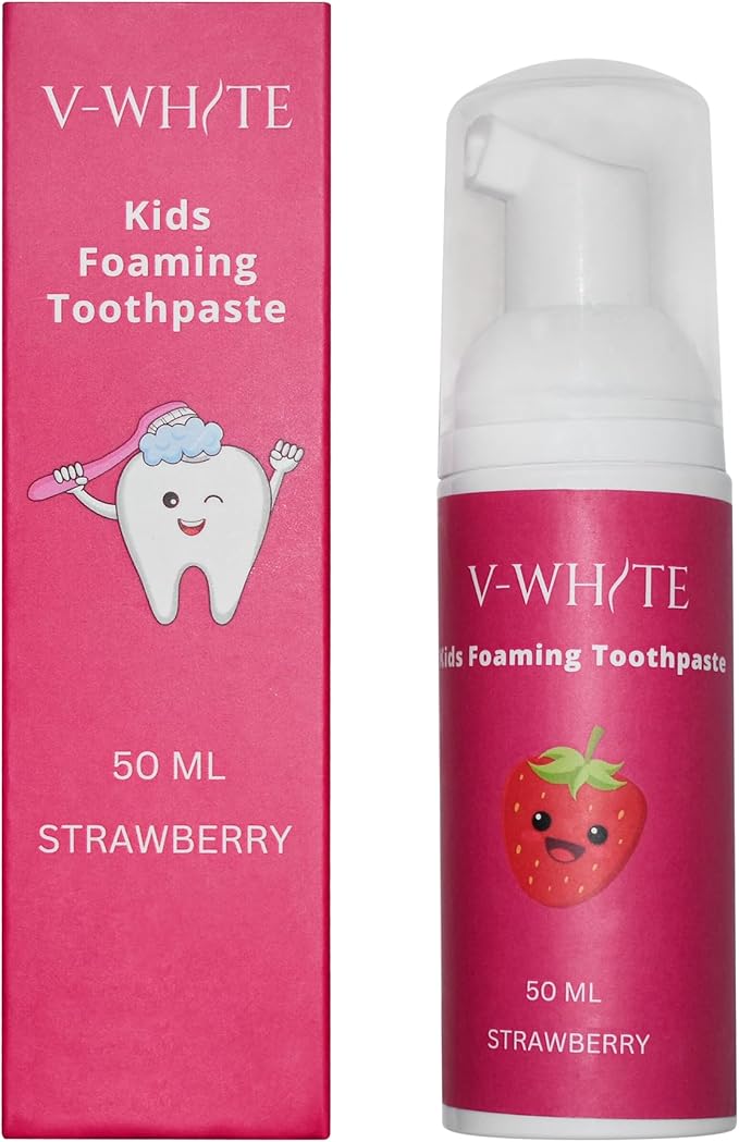 V-White Foam Teeth Whitening Toothpaste - Organic Toothpaste Fluoride Free, Alcohol Free, pH Balanced - Deep Cleansing, Stain Removal, Travel Friendly, for Kids & Adults (Large, Strawberry)