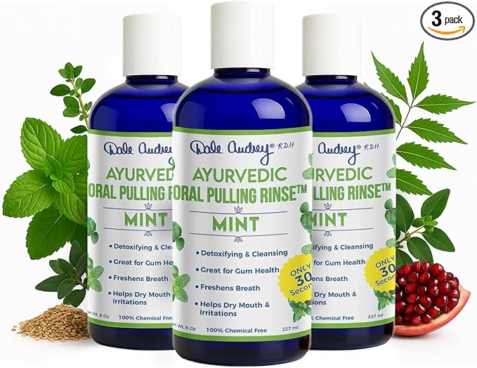 Pack of 3 Ayurvedic Organic Oil Pulling for Teeth and Gums | Refreshing Mint Flavored Oral Rinse Mouthwash | Essential Oils for Bad Breath | Teeth Whitening Pulling Oil & Gum Care Mouthwash-8 FL Oz