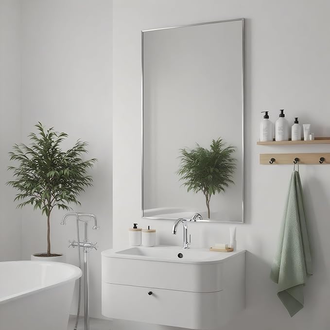 20x36 Inch Nickel Bathroom Mirror for Wall, Aluminum Frame Rectangle Rectangular Vanity Mirror, Modern Large for Bedroom, Living Room, Horizontal or Vertical
