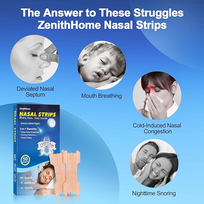50 Count Nasal Strips for Snoring, ZenithHome New Upgraded 3 Spring Bands Nose Strips for Breathing, Snoring Solution for Sports and Sleep, Help Stop Snoring and Nasal Congestion Relief (66mm*22mm)