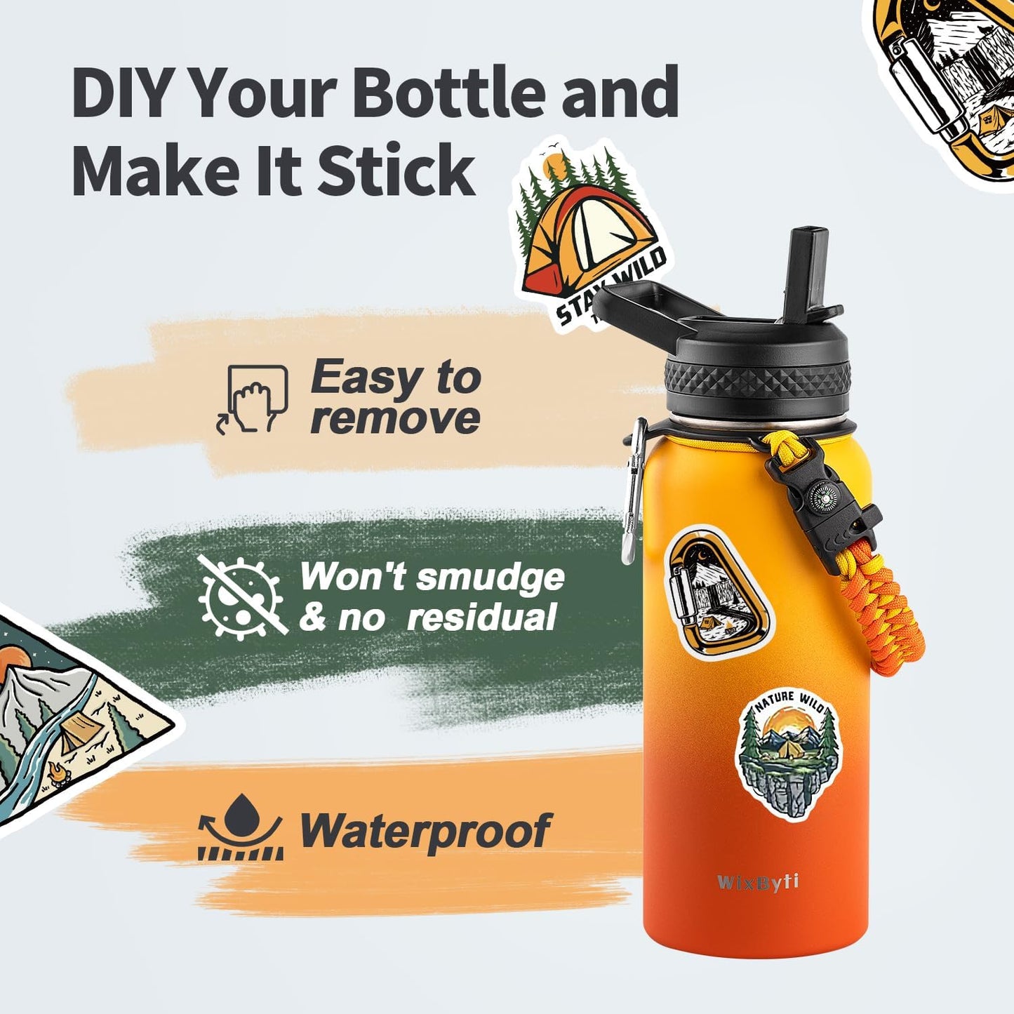 32 oz Insulated Water Bottle with Straw (Cold for 48 Hrs), Stainless Steel Triple Wall Vacuum Sports Water Jug, Leakproof Hydro Cup Flask with Paracord Handle & Straw Spout Lids & DIY Stickers