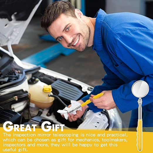 1 Pcs Telescoping Inspection Mirror Mechanics Automotive Tool with Long Handle Extendable Mirror on a Stick for Technicians Mechanics Contractors Checking Observation(Yellow,Round)