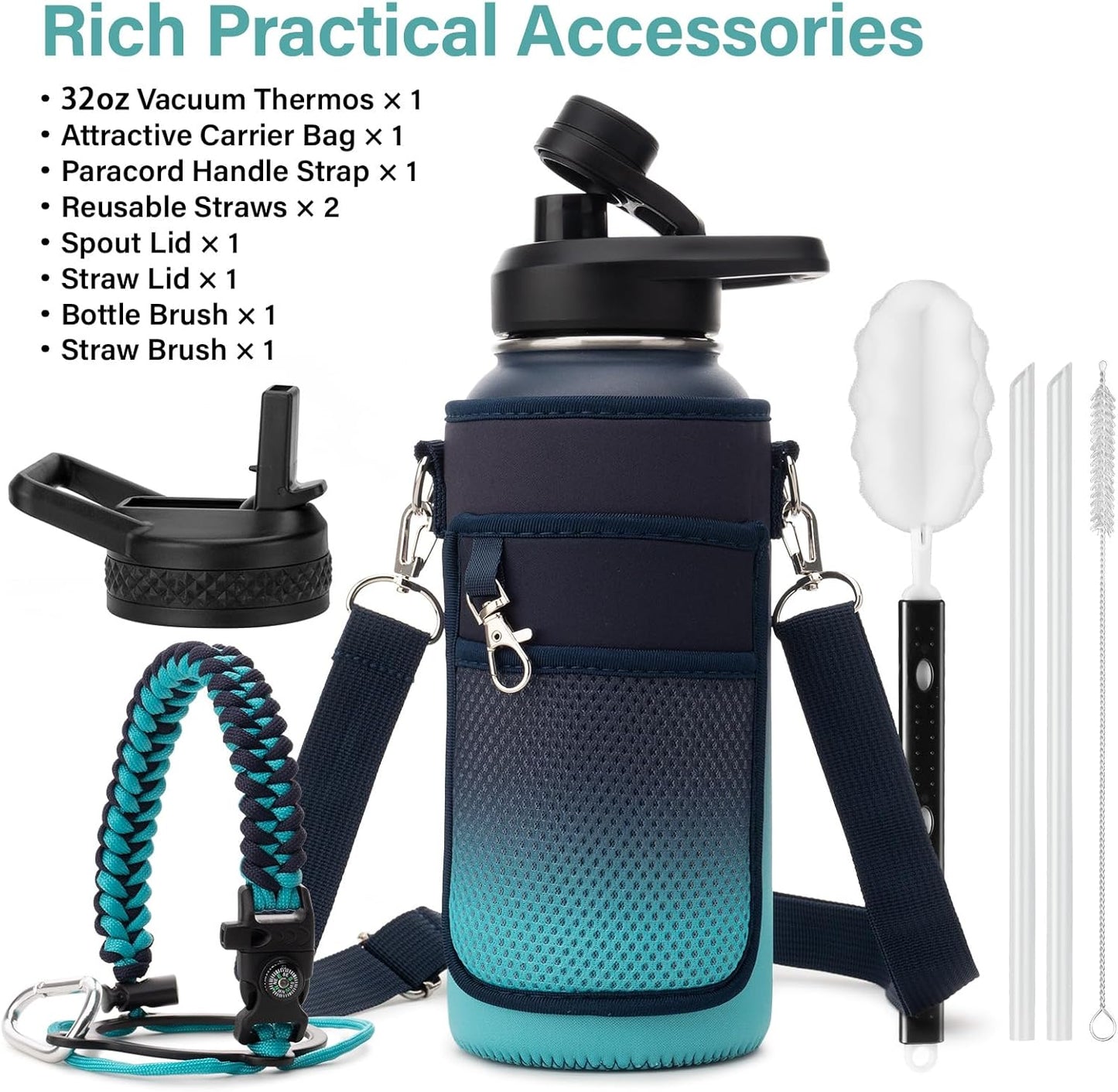 Insulated Water Bottle | Thickened Stainless Steel Vacuum Metal | Portable Sports Water Jug for Gym and Hiking with Straw, Carrier Bag, Handle Strap | BPA-Free 32 oz