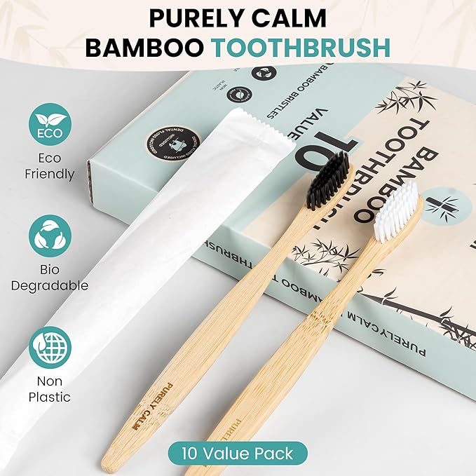 Bamboo Toothbrushes Set – 10-Pack (8 Standard + 2 Charcoal Bristle) – 2 Dental Floss as a Bonus - Eco-Friendly, Biodegradable Soft Bristle Toothbrush, Wooden Toothbrush for Adults & Kids