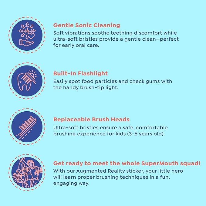SuperMouth Turbo Twins Sonic Toothbrush – Battery-Powered, Soft Bristles, Flashlight to See Kids’ Mouth, Gently Cleans & Polishes Teeth for Ages 3-6 Years, Augmented Reality Sticker to Teach Brushing