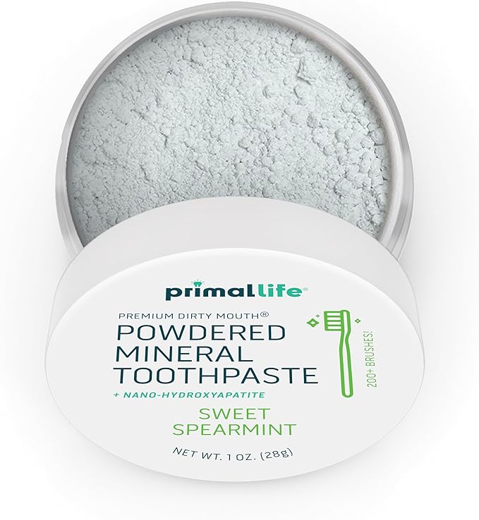 Primal Life Organics - Dirty Mouth Toothpowder, Tooth Cleaning Powder, Flavored Essential Oils with Natural Kaolin & Bentonite Clay, Good for 200+ Brushings, Organic, Vegan (Sweet Spearmint, 1 oz)