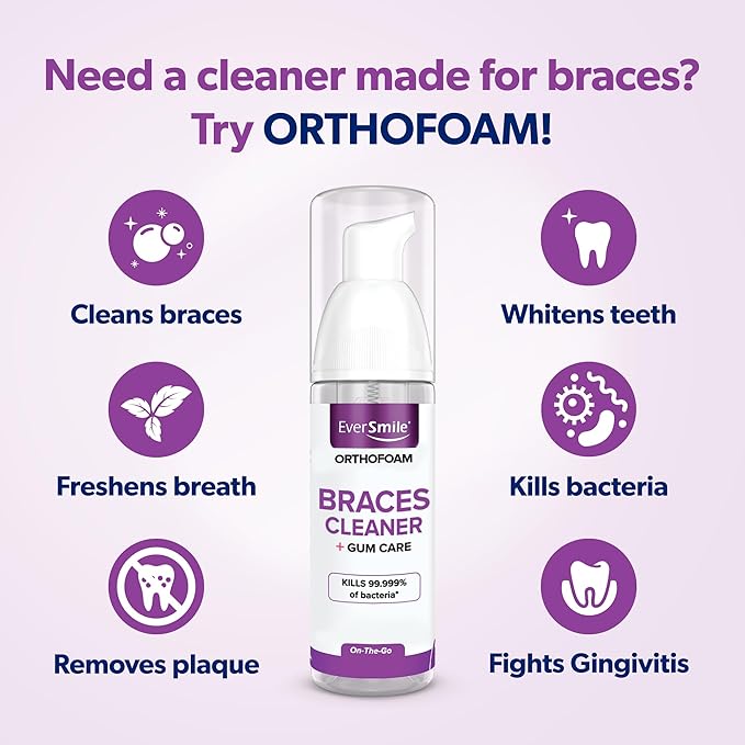 EverSmile OrthoFoam Braces Cleaner — Brushable Foam Whitens Teeth, Eliminates Bacteria, Fights Plaque and Bad Breath – Cleans Under Metal, Ceramic, Clear Brackets and Wires – 50ml (4 Pk)
