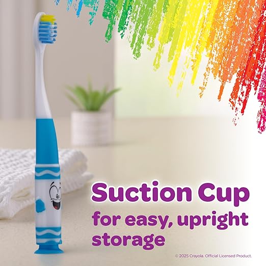 GUM Crayola Pip-Squeaks Kids' Manual Toothbrush, Extra Soft Bristle Toddler Toothbrush for Ages 3+, Suction Cup Base, 1 Count (Pack of 4)