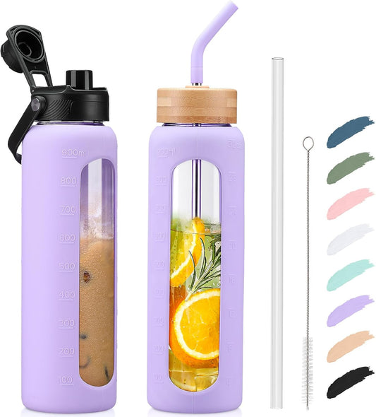 Kodrine Water Bottle with Straw, 24 oz Glass water Bottle with 2 Lids Bamboo Straw Lid and Spout Lid with Handle, 32 oz Clear Water Bottle Glass for Sports Travel, Waterbottle with Time Marker