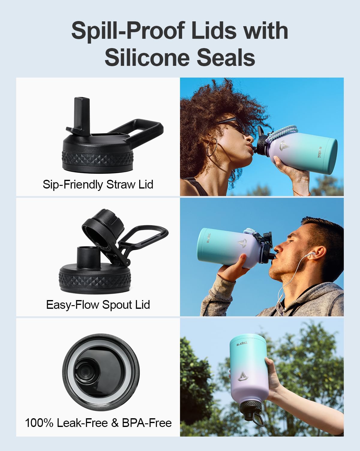 Insulated Water Bottle 64oz,Half Gallon Water Flask Stainless Steel, Cold for 48 Hrs,BPA-Free & Leakproof -with Paracord Handle, Strap,Straw Spout Lids,Large Jug for Gym Sports,Purple Green