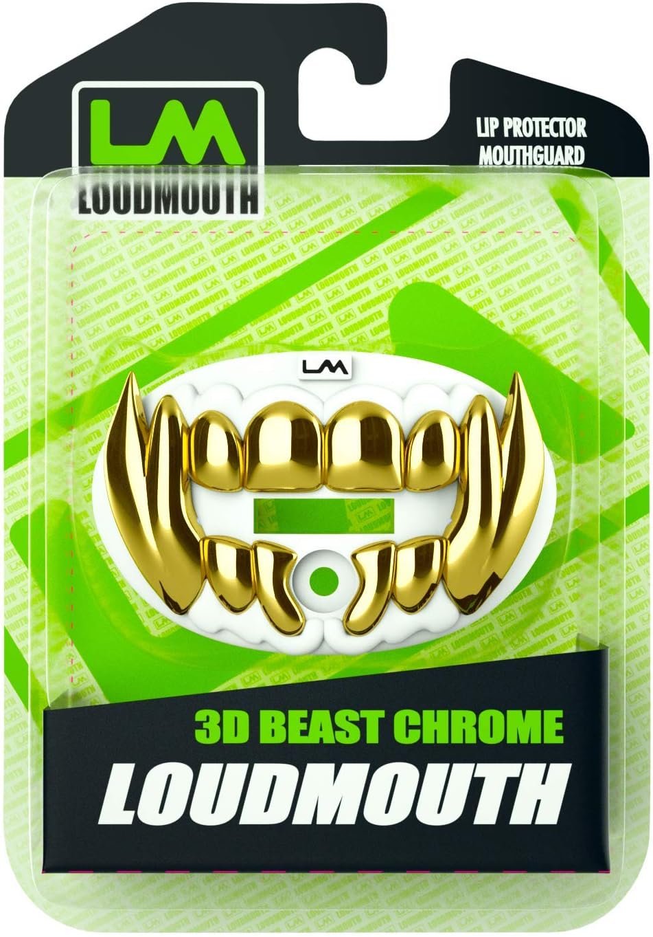 Loudmouth Football Mouth Guard - 3D Chrome Beast Football Mouthpiece, Fits Adult & Youth Ages 5+, Accessories Mouth Guard (3D Beast - Chrome White/Gold)