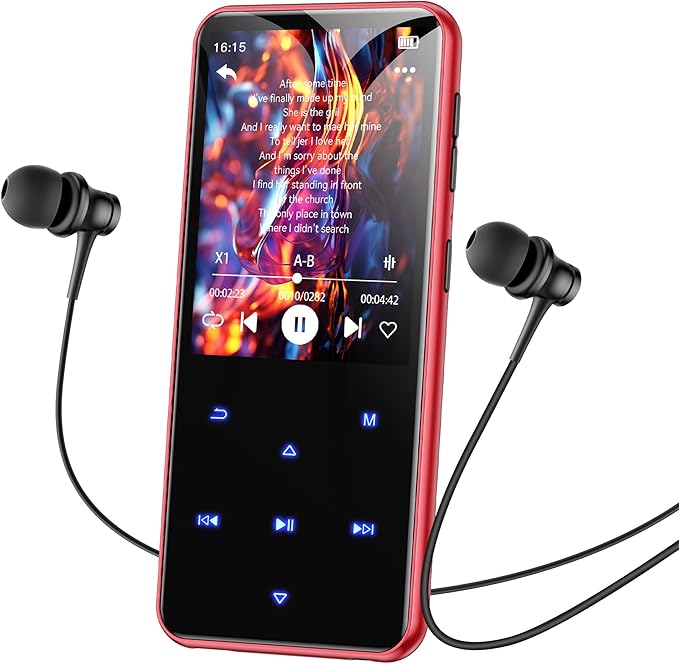 AGPTEK 64GB MP3 Player with Bluetooth, M3 2.4 inch Music Player with Speaker and FM Radio, Touch Buttons, Supports Up to 128GB (Black Red)