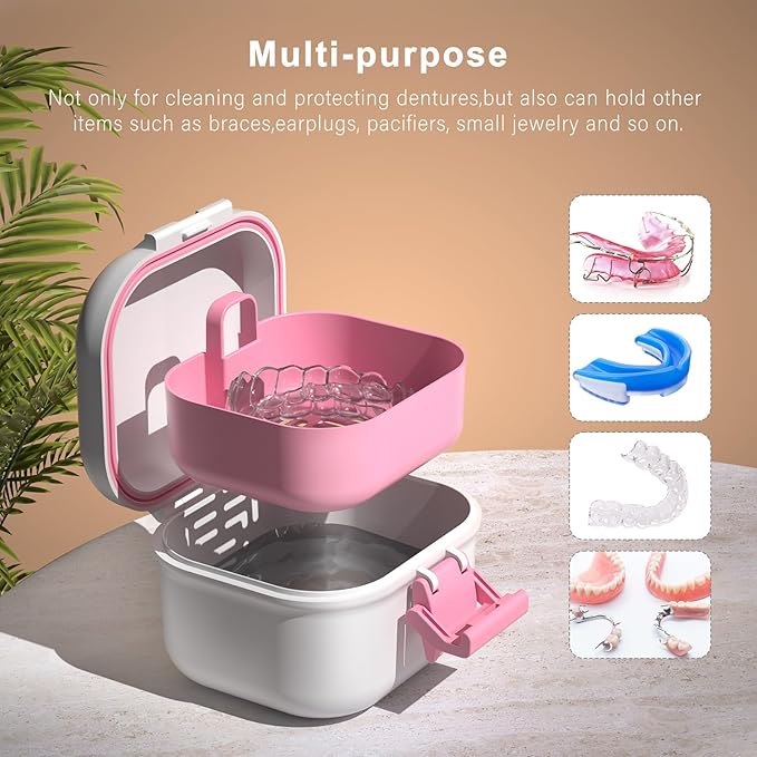BVN Leak-Proof Denture case, Denture Cup for Soaking dentures, Retainer Cleaning case Pink and White Denture case