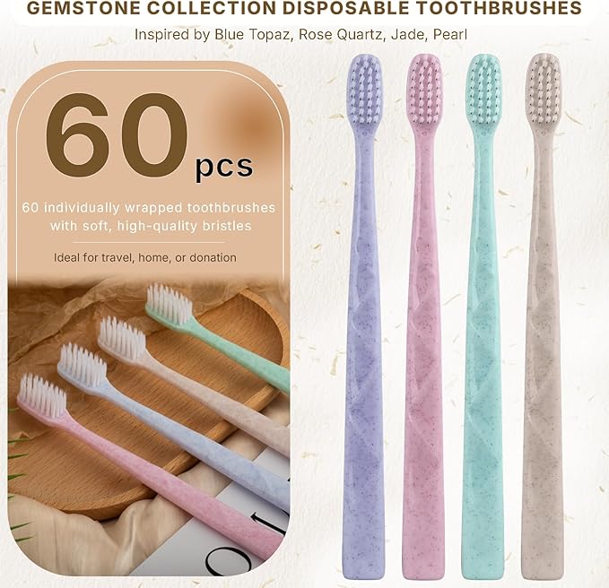 60 Pack Premium Disposable Toothbrush with Tongue Scraper – Individually Wrapped Bulk Travel Toothbrushes, Soft Bristles for Guests, Hotel, Vacation Rental, Home & On The Go,4 Colors
