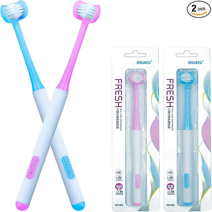 3 Sided Autism Toothbrush 360° Oral Teeth Cleaning Design U-Shaped Toothbrush 2 PCS Adult Soft Bristles Soft and Gentle for Complete Tooth and Gum Care (Blue+Pink)