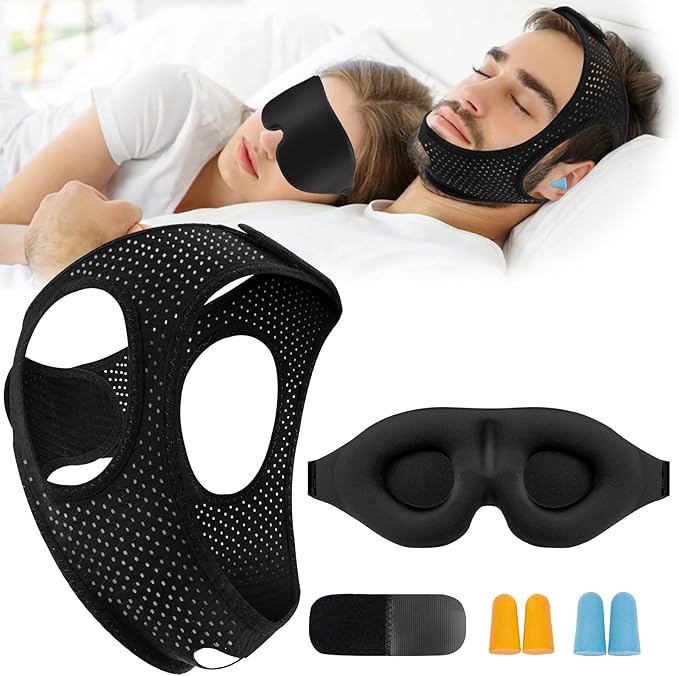 Anti Snoring Chin Strap for Sleeping, Adjustable Flexible Sleep Chin Strap to Keep Mouth Closed, Breathable Airflow Jaw Strap for Sleep Men Couple Stop Snoring Jaw Strap Set with 3D Eye Mask
