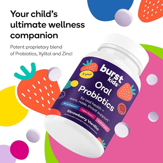 Burst Kids Probiotics (Strawberry Vanilla) | 45 Chewable Lozenges for Kids 3+ | Dental Probiotics to Support Oral, Ear, Throat & Respiratory Health | 3 Billion CFUs | Safe Ingredients | Made in USA