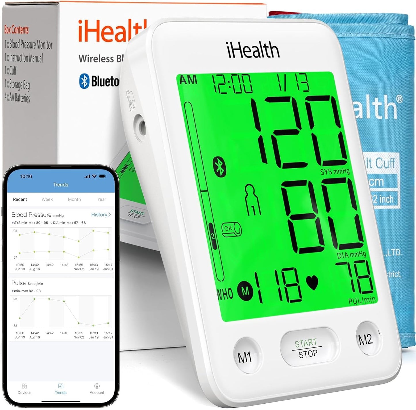 iHealth Accu Luminate Arm Blood Pressure Monitor – 4.5" Large Tri-Color WHO-Based LCD, Clinically Validated Accuracy, Irregular Heartbeat Alert, Bluetooth Cloud Sync, Adjustable Large 8.6"–17" Cuff