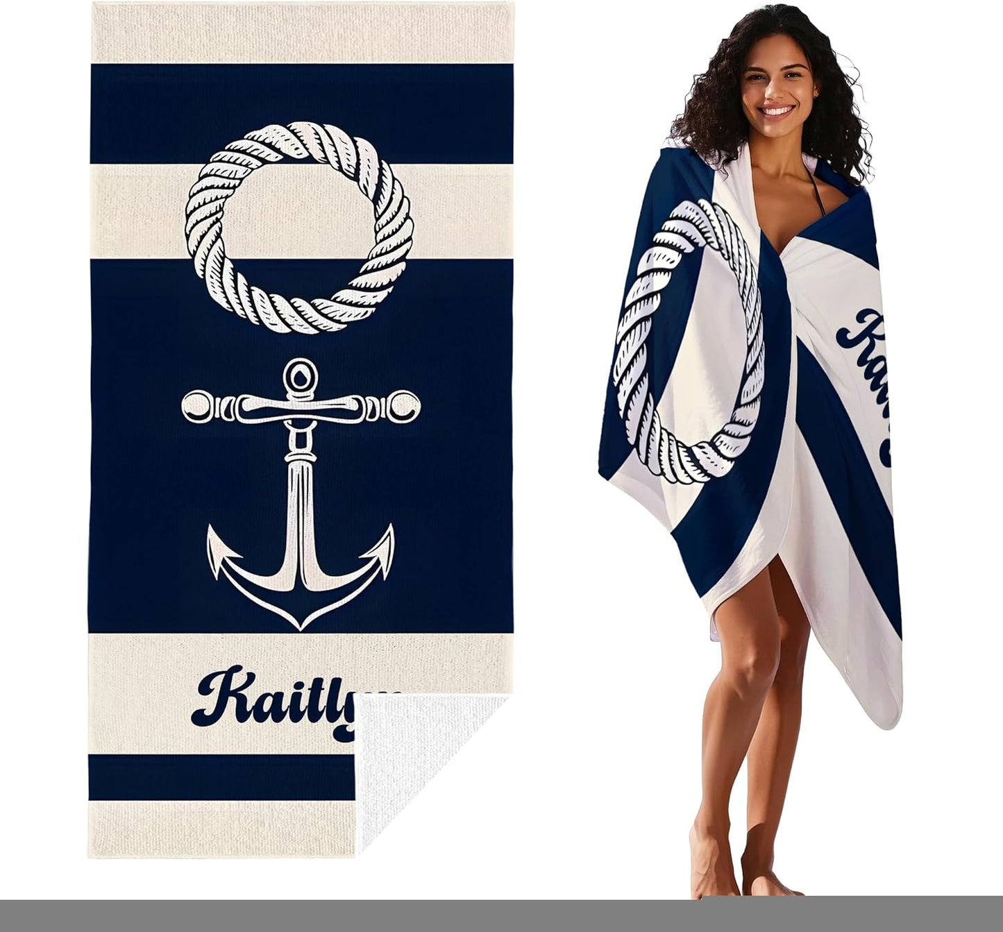 JML Personalized Beach Towel with Name, Custom Anchor Beach Towel, Customized Microfiber Pool Towel, Quick Dry & Absorbent Swim Towel for Adult,Mother's Day, Birthday, Summer Holiday,Vacation