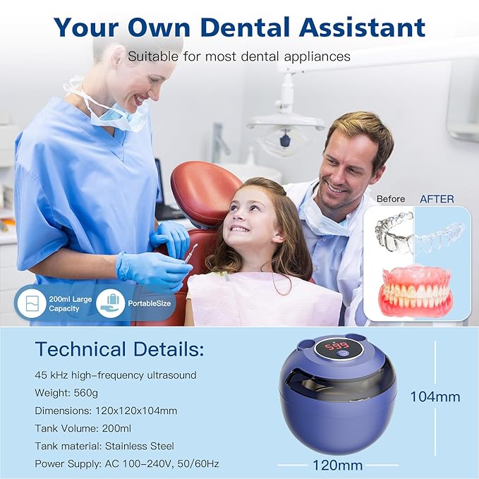 45kHz Ultrasonic Retainer Cleaner Machine, 200ML Denture Cleaner, 4 Modes with Digital Timer Mouth Guard Cleaner for Aligner, Night Guard, Braces, Toothbrush, Jewelry and More (Navy Blue)