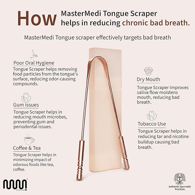MasterMedi Pure Copper Tongue Scraper for Adults, Tongue Scrubber for Bad Breath, Easy to Use, Tongue Cleaner for Oral Care & Hygiene (Copper Pack of 1 With Case)