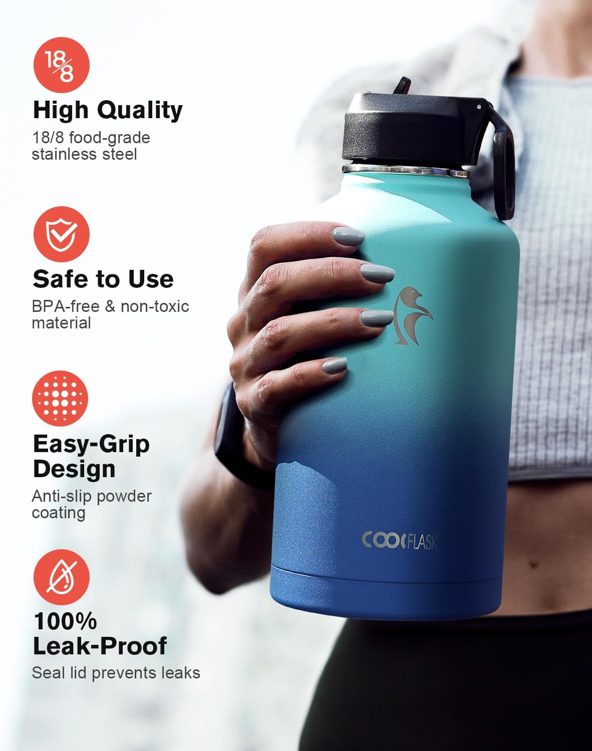 Insulated Water Bottle 64 oz with Straw & 3 Lids, Coolflask Half Gallon Water Jug Large Metal Stainless Steel Wide Mouth for Sports, Gym or Office, Non-BPA Keep Cold 48H Hot 24H, Pacific Prince