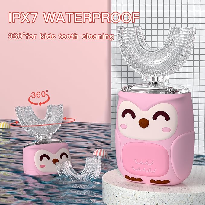 Kids Electric U Shaped Toothbrush Kids Sonic Toothbrush with 4 Soft Brush Head Automatic Full Mouth 6 Cleaning Mode-(Age2-7 Pink)