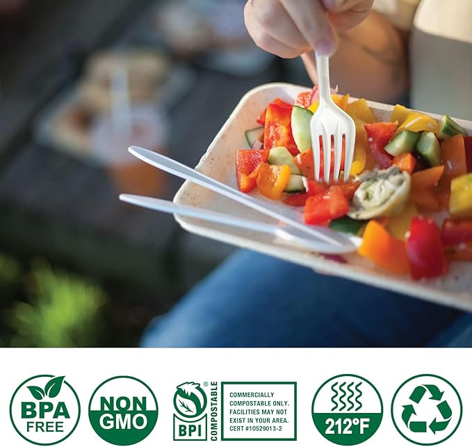 100% Compostable No Plastic Knives Forks Spoons Utensils, Heavyweight Heavy Duty Eco Friendly Flatware for Lounge Party Wedding BBQ Picnic Camping