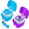 2 Pack Denture Case Dental Mouthguard Case, Denture Bath Box Cleaning with Brush, Strainer Basket and Lid Waterproof - Purple and Blue