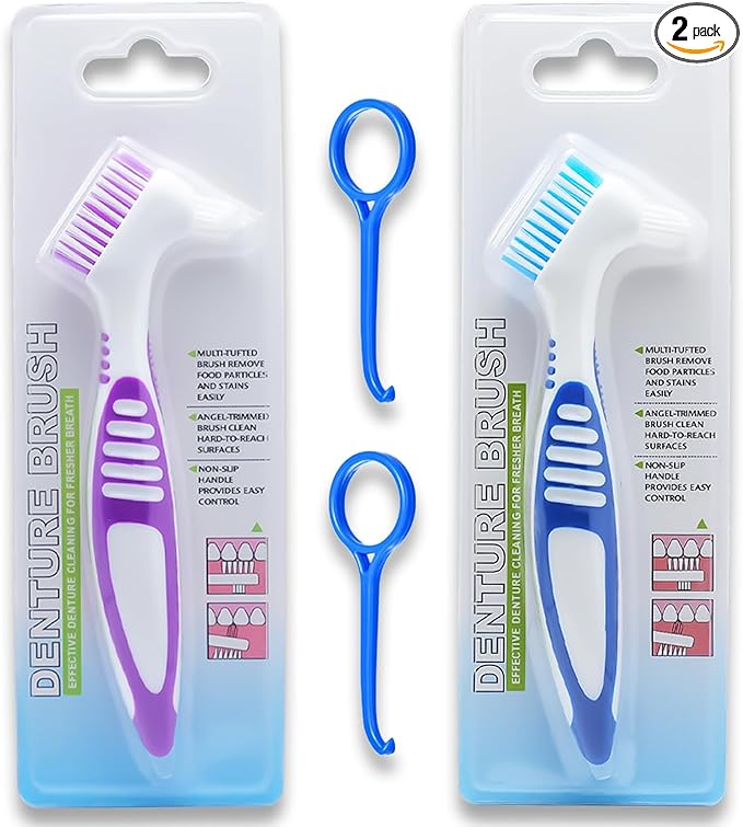 Denture Brush Dual Head Toothbrushes False Teeth Brush Denture Cleaning Kit Toothbrush (Purple Blue)