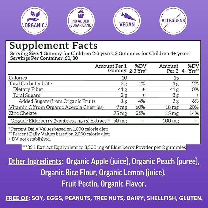 Llama Naturals Elderberry Gummies for Kids, Vegan, Organic Immune Support Supplement with Vitamin C and Zinc, Toddler Real Fruit Gummy Vitamins for Immunity, Chewable, No Added Sugar Cane, 60 Ct