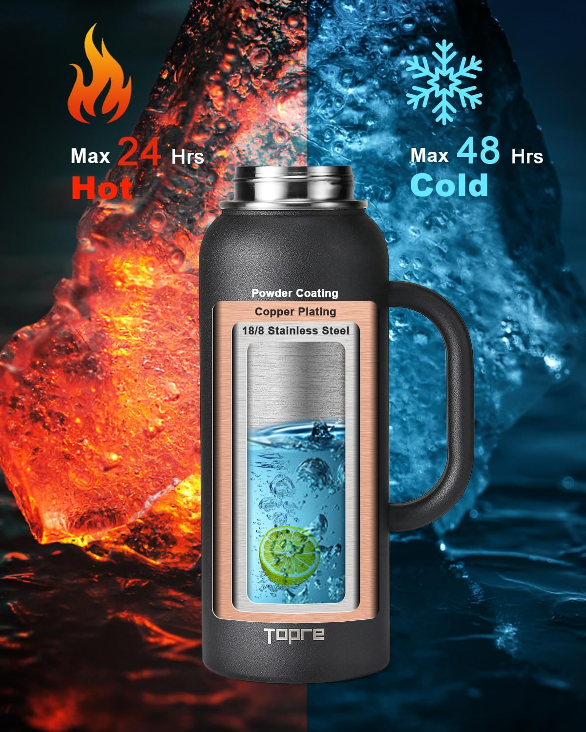 40 oz Insulated Water Bottle with Straw and Lid, Food-grade Double Wall Vacuum Stainless Steel Flask with Handle,Leakproof Metal Travel Jug With Carry Pouch and Brush,Keep Cold & Hot,Black