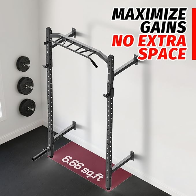 1600LB Wall Mounted Power Rack, Commercial Squat Rack for Home Gym with Multi-Grip Pull Up Bar, j-Cups & Landmine Attachment for Home and Garage Gym