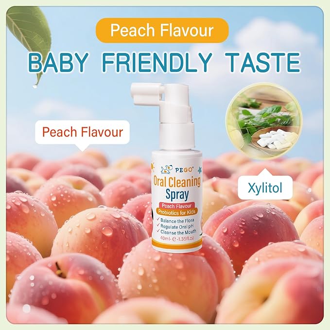 PEGO Kids Oral Spray, Toddler Toothpaste Helper for Daily Oral Care and Fresh Breath, Kid's Mouth Spray with Fluoride Free for Newborn to Preschoolers (40ml*1, Peach)