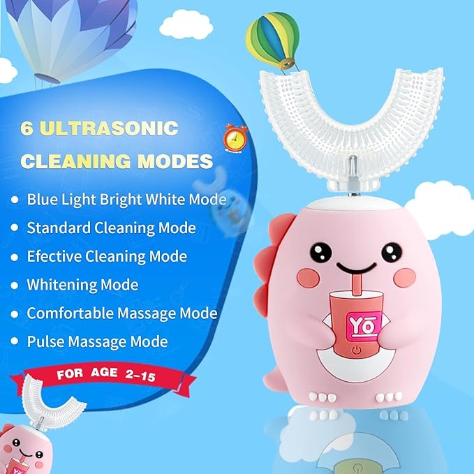 Kids U Shaped Electric Toothbrush，auto Sonic Baby Toothbrush，Cartoon Dinosaur 360-Degree Cleaning IPX7 Waterproof Design*（2-7y）
