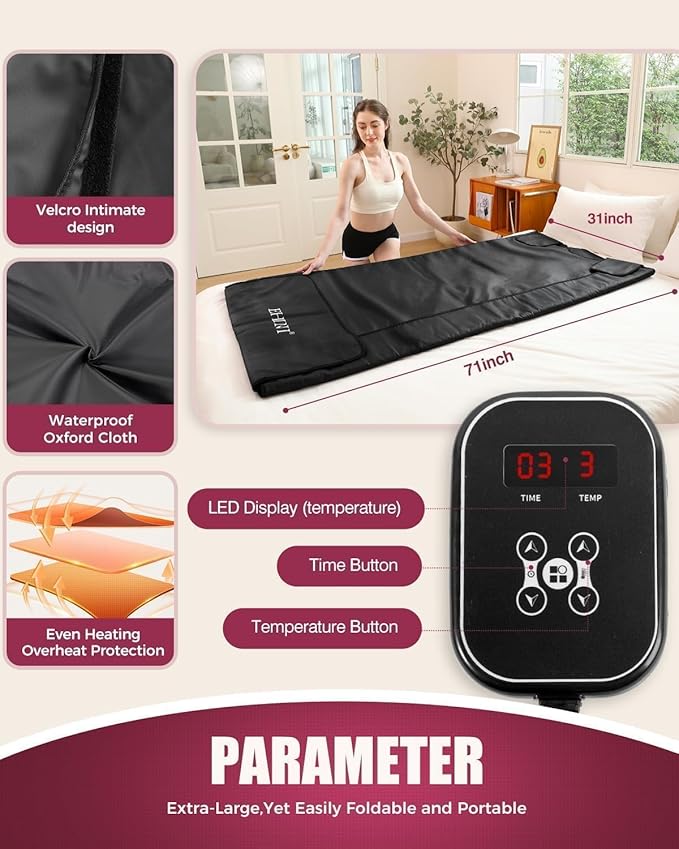 Infrared Sauna Blanket - Portable Far Infrared Sauna for Home Relaxation - PU Sauna Blanket - Infrared Blanket Sauna with 77–176 °F Temp Range（Pure Black）