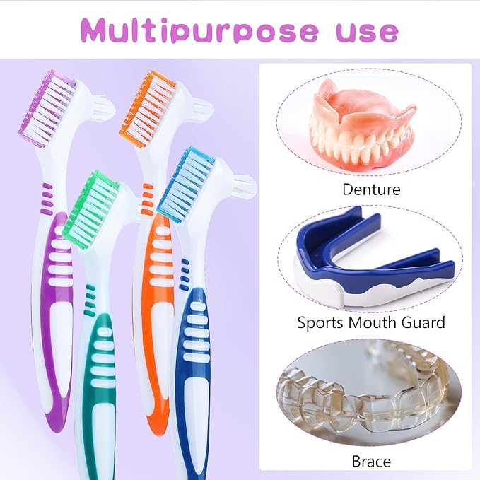 DIVINA VITAE 30Pcs Denture Toothbrush Multi-Layered Soft Bristles Denture Cleaning Brush Bulk Denture Brush with No-Slip Handle for False Teeth, Dental Devices, Mouth Guard(4 Colors)
