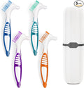 4 Pcs Denture Brush Set for False Teeth with White Carrying Case, Denture Toothbrushes with Double Sided Design, Dental Brush with Multi-Layered Soft Bristles and Rubber Anti-Slip Handle, 4 Colors
