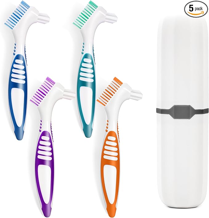 4 Pcs Denture Brush Set for False Teeth with White Carrying Case, Denture Toothbrushes with Double Sided Design, Dental Brush with Multi-Layered Soft Bristles and Rubber Anti-Slip Handle, 4 Colors