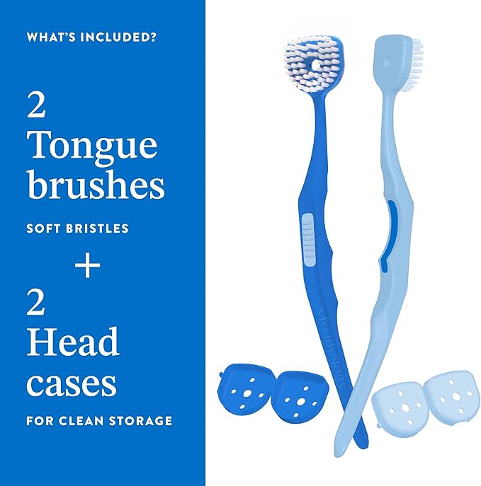 Soft Bristle Tongue Brush for Adults for Bad Breath, Halitosis & Oral Hygiene - Tongue Scraper Brush with Ergonomic Handle & Protective Cap for Easy Storage & Travel - 2 Pack