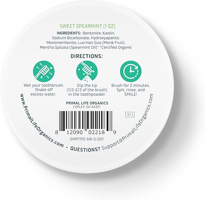 Primal Life Organics - Dirty Mouth Toothpowder, Tooth Cleaning Powder, Flavored Essential Oils with Natural Kaolin & Bentonite Clay, Good for 200+ Brushings, Organic, Vegan (Sweet Spearmint, 1 oz)