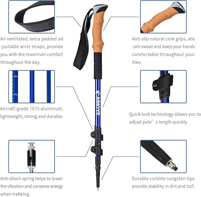 Aihoye Trekking Hiking Poles - 2 Pack Adjustable Walking Sticks, Collapsible Lightweight Aluminum 7075, Hiking Sticks with Quick Flip-Lock and Comfortable Cork Grips