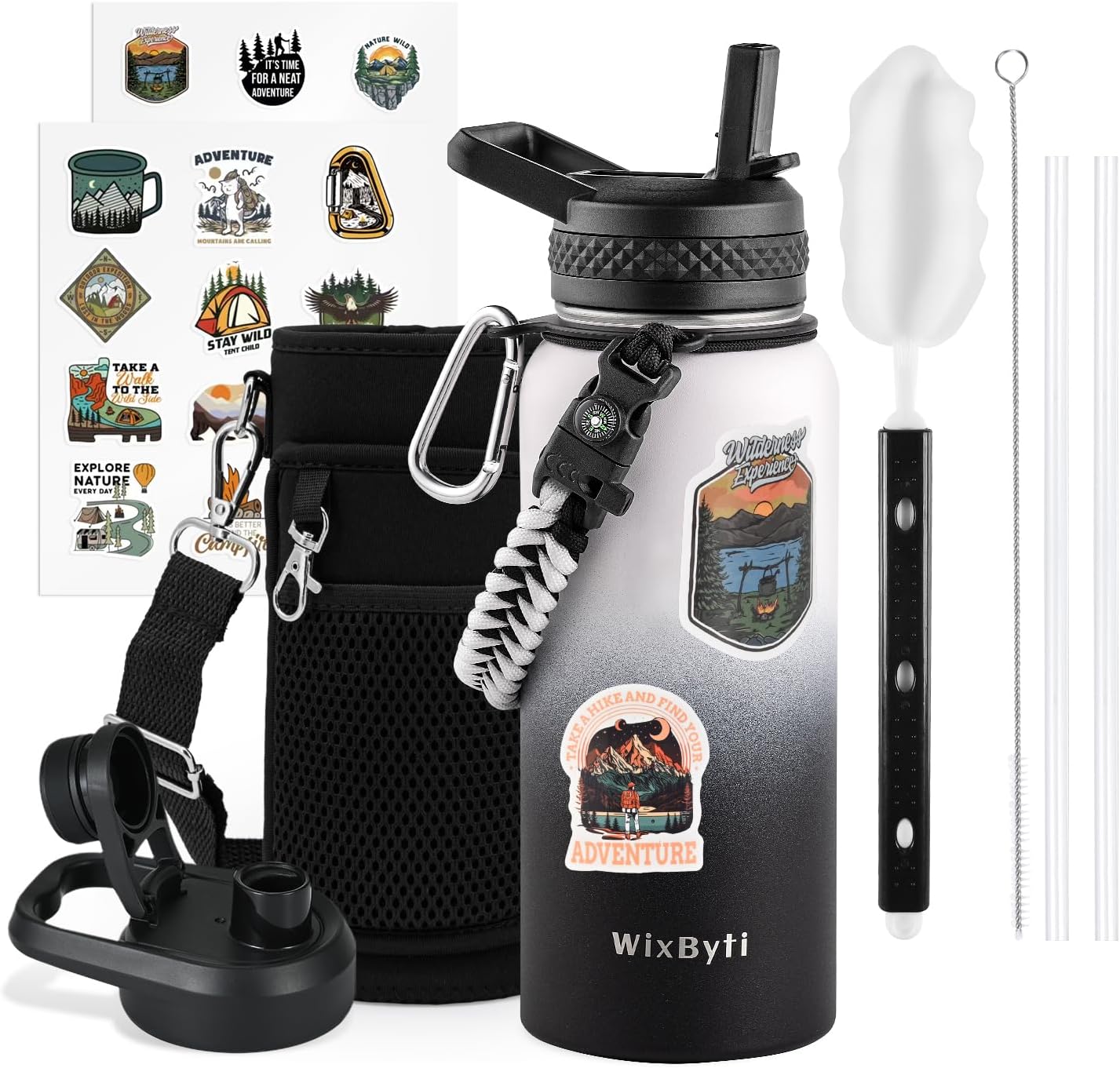 32 oz Insulated Water Bottle with Straw (Cold for 48 Hrs), Stainless Steel Triple Wall Vacuum Sports Water Jug, Leakproof Hydro Cup Flask with Paracord Handle & Straw Spout Lids & DIY Stickers