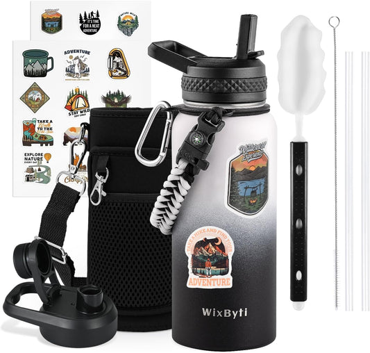 32 oz Insulated Water Bottle with Straw (Cold for 48 Hrs), Stainless Steel Triple Wall Vacuum Sports Water Jug, Leakproof Hydro Cup Flask with Paracord Handle & Straw Spout Lids & DIY Stickers